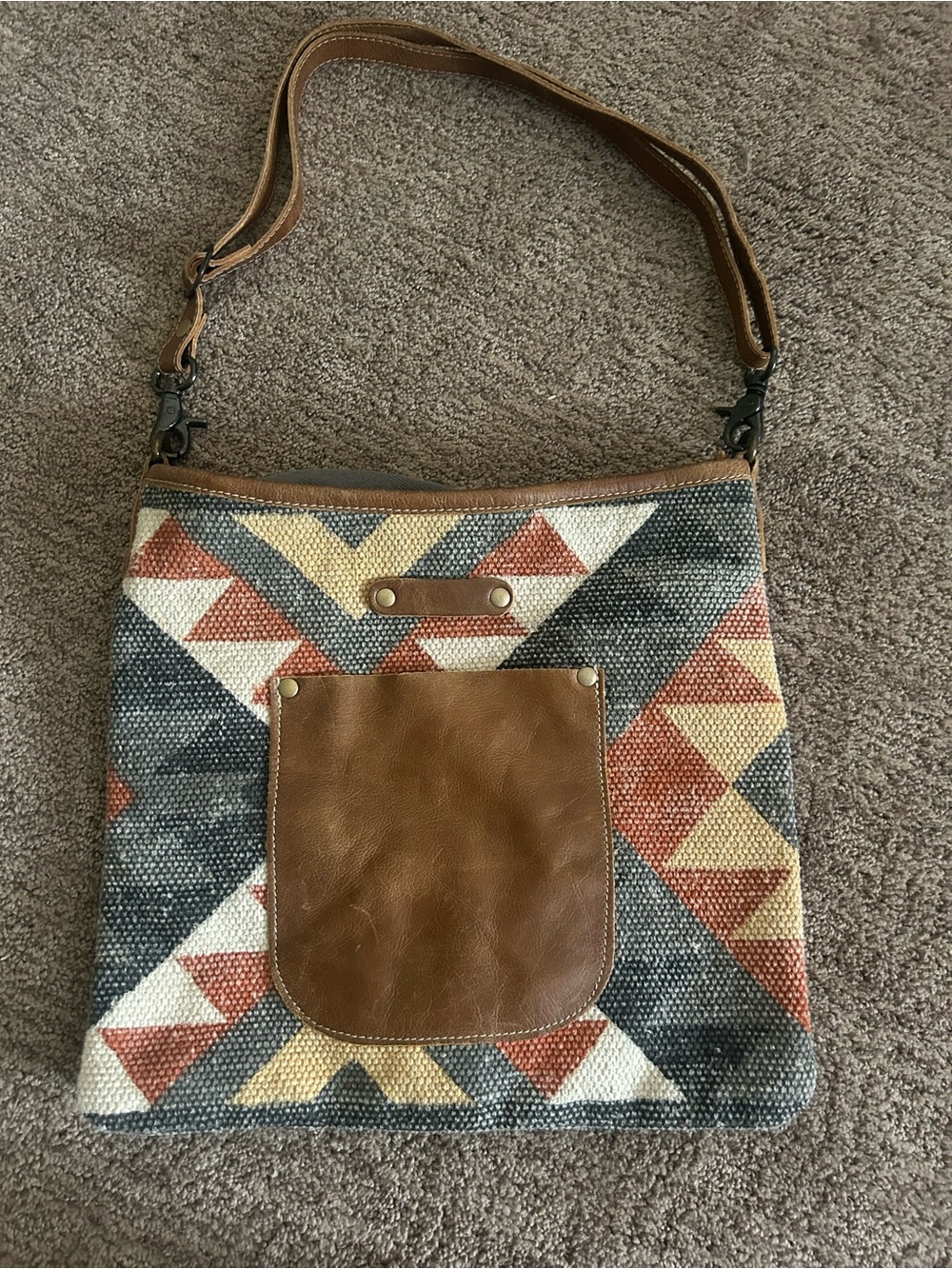 Myra Bag Brown Leather Accent Aztec Tote with Multicolor Geometric Weave
